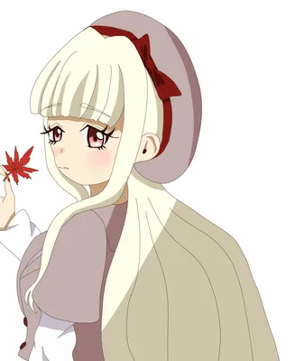 紅葉を持つベレー帽の白髪の少女