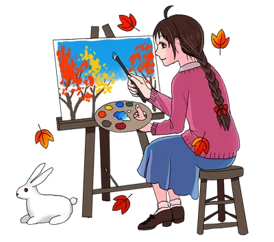紅葉の絵を描く女の子と白うさぎ