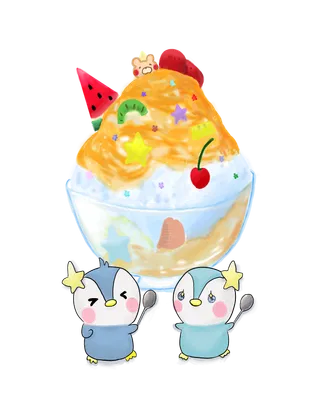 かき氷を喜ぶ二羽のペンギン