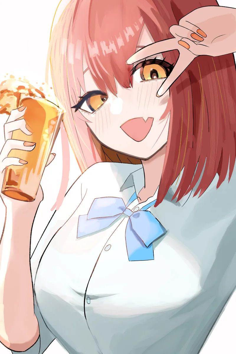 ブイサインで飲み物を持つ少女