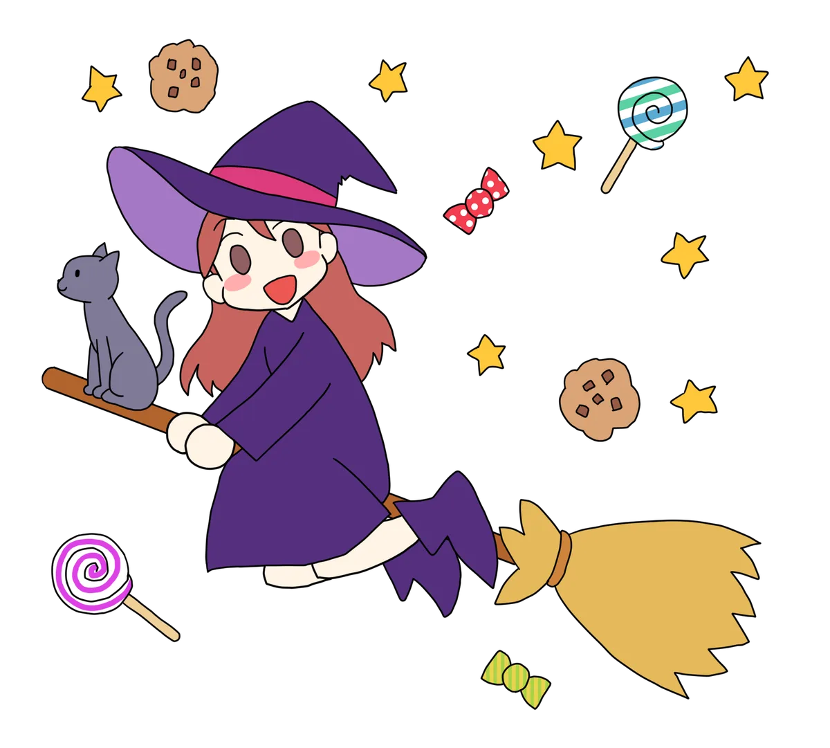 ほうきに乗ったハロウィンの魔女と黒猫とお菓子
