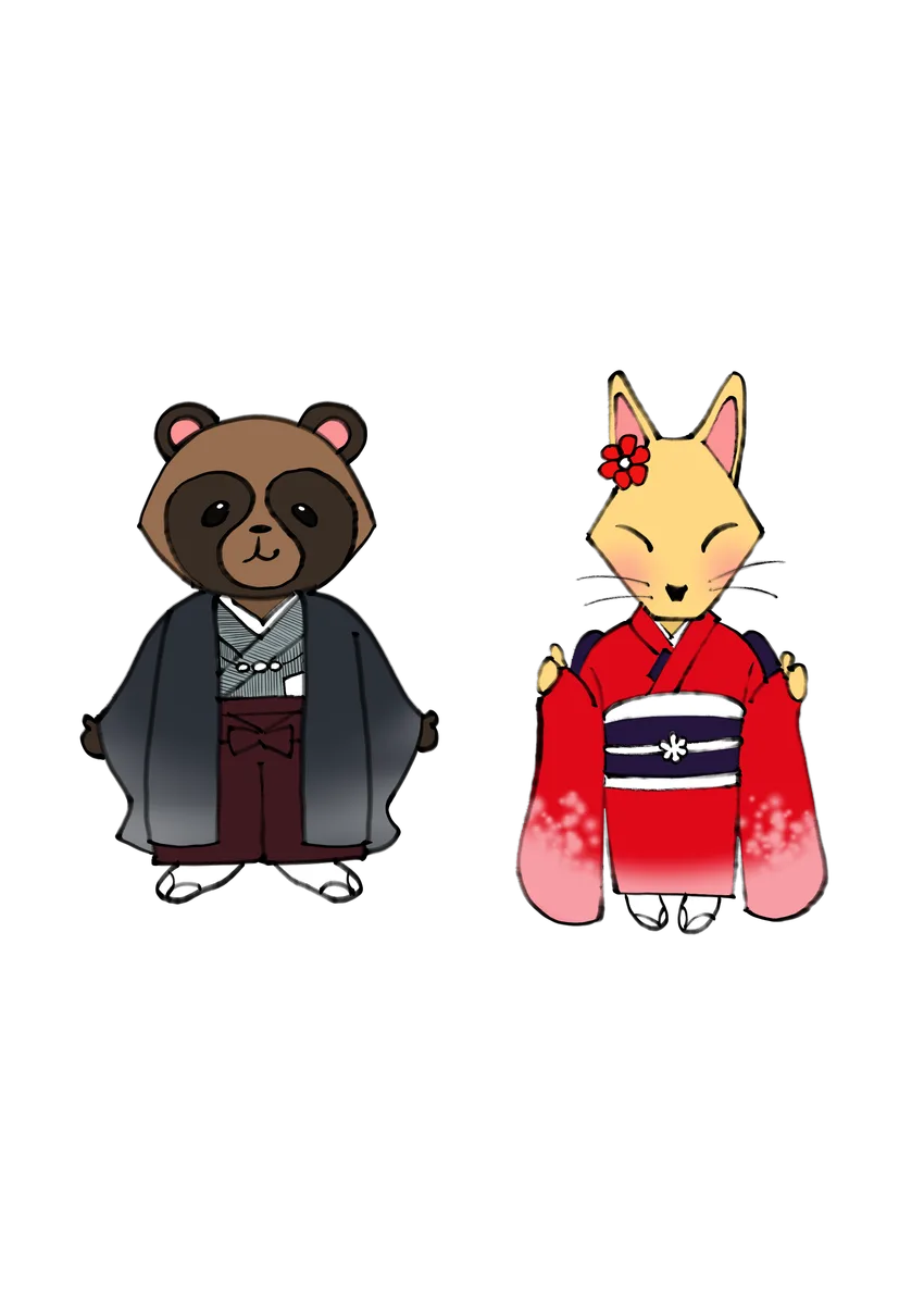 七五三のたぬきとキツネ（袴と振袖）