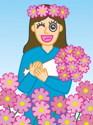 コスモスの花束を持つ女性