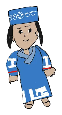 青い民族衣装風の服と帽子の女性